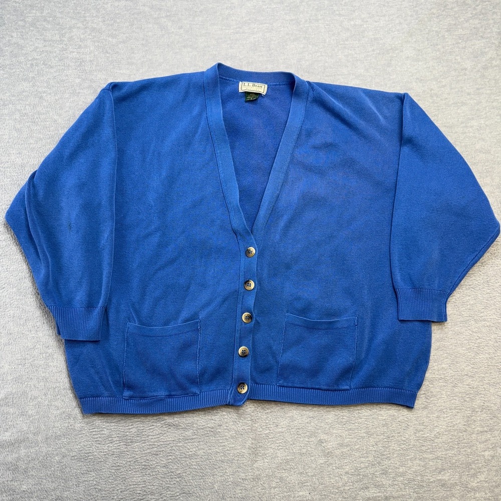 Vintage LL Bean Sweater Womens Large Blue Cotton Cardigan Pockets Boxy Granny